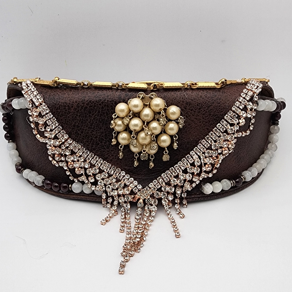 Upcycled- FOSSIL Dark Brown Beaded Evening Glasses Case with Pearl Brooch